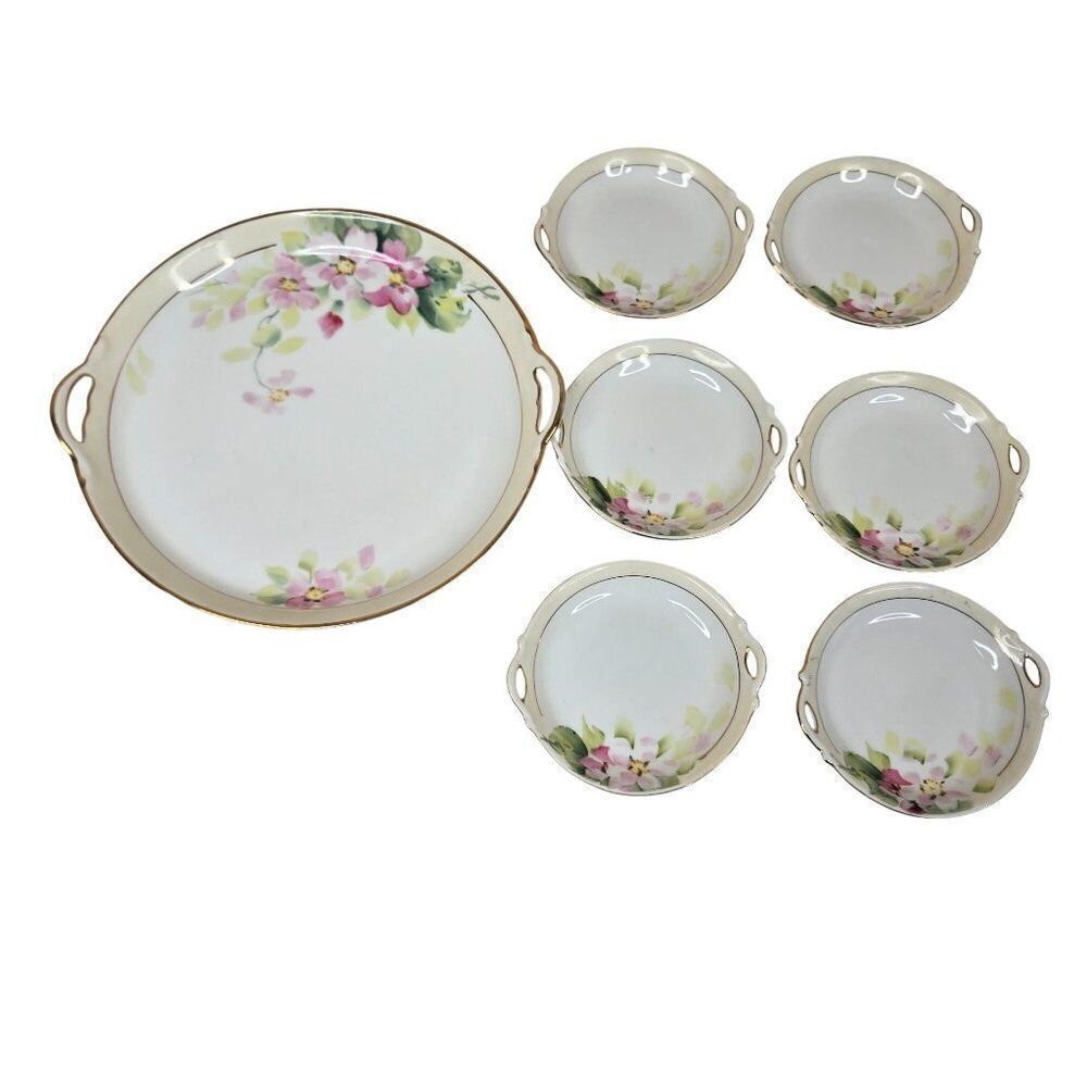 Vintage Hand-Painted Nippon Porcelain Tray 6 Finger Bowls Floral Design